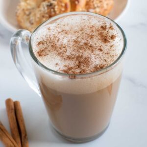 Close up of a cup of eggnog latte.