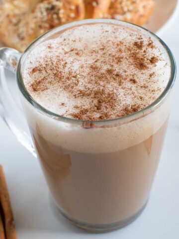 Close up of a cup of eggnog latte.