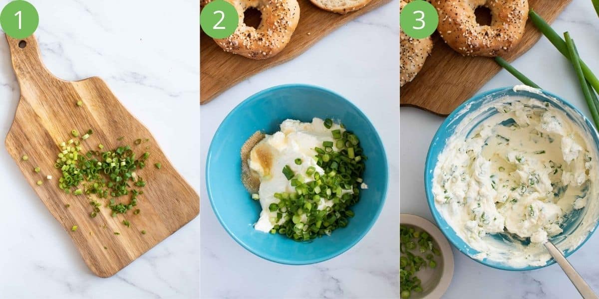 Step by step instructions showing how to make cream cheese with scallions.
