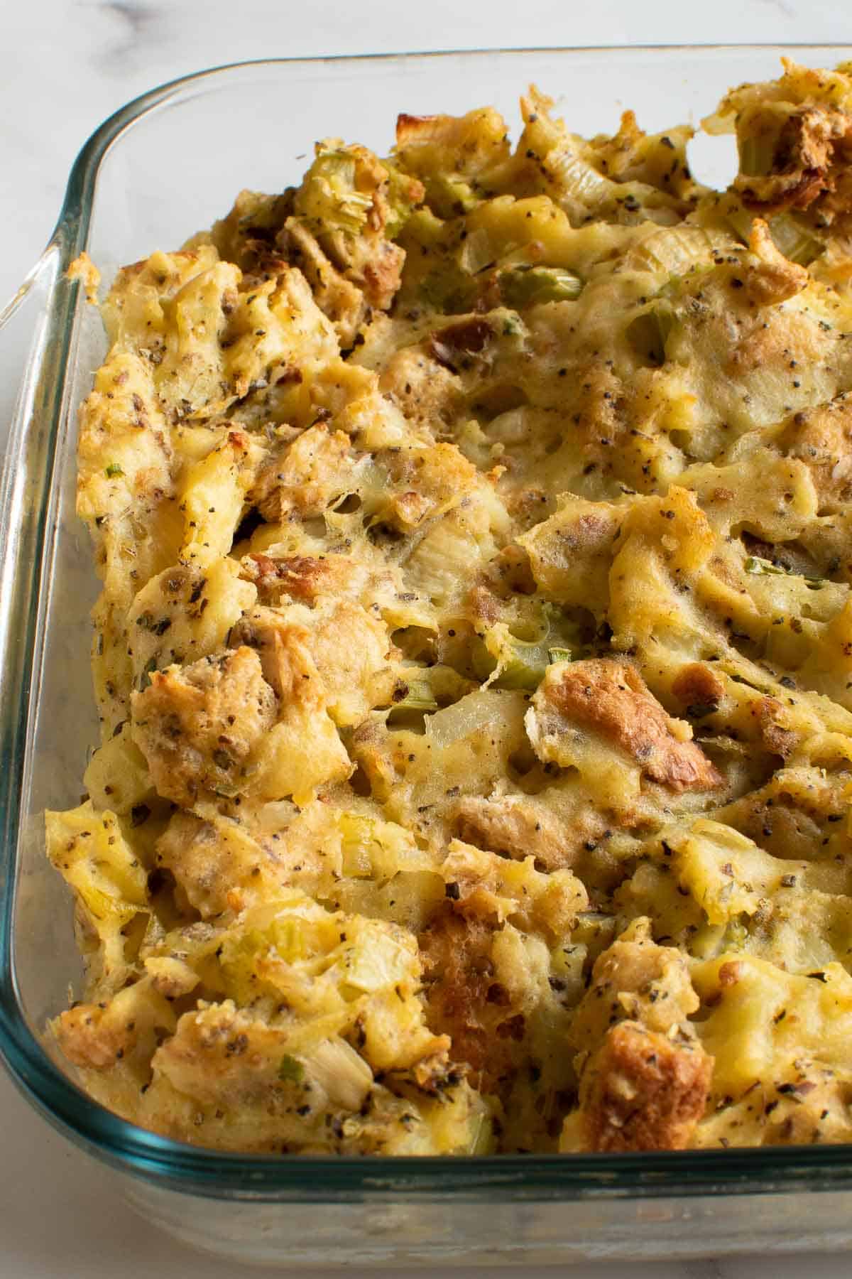 Close up of stuffing with mashed potatoes.