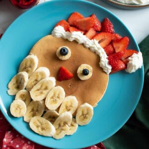 Santa pancakes with bananas and strawberries.