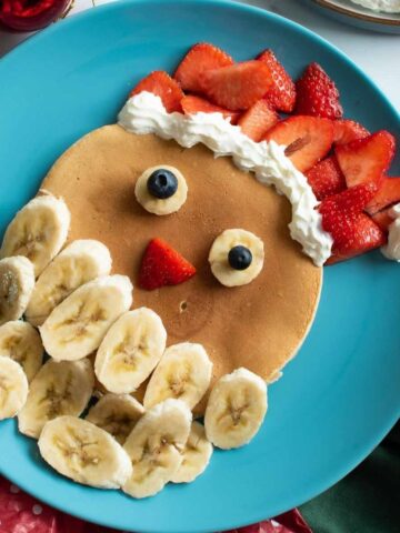 Santa pancakes with bananas and strawberries.