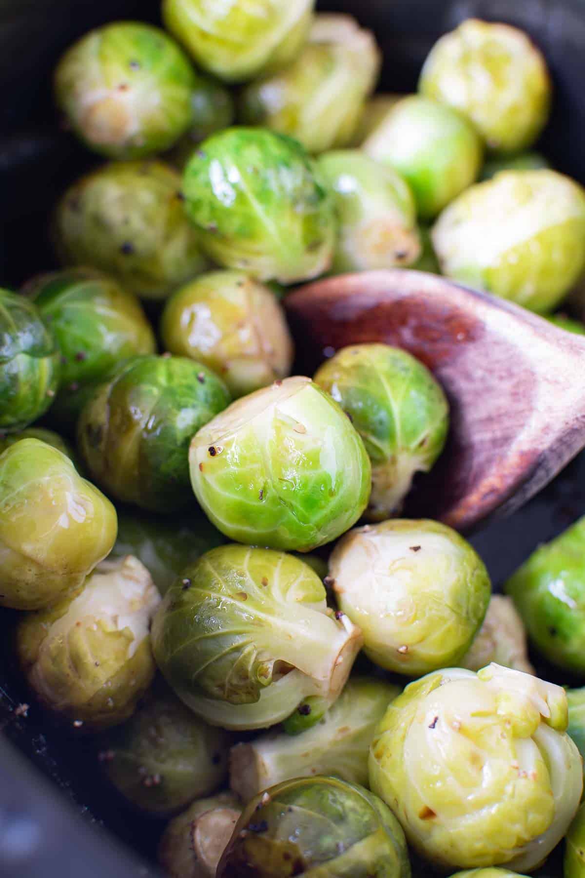 Close up image of slow cooked sprouts.