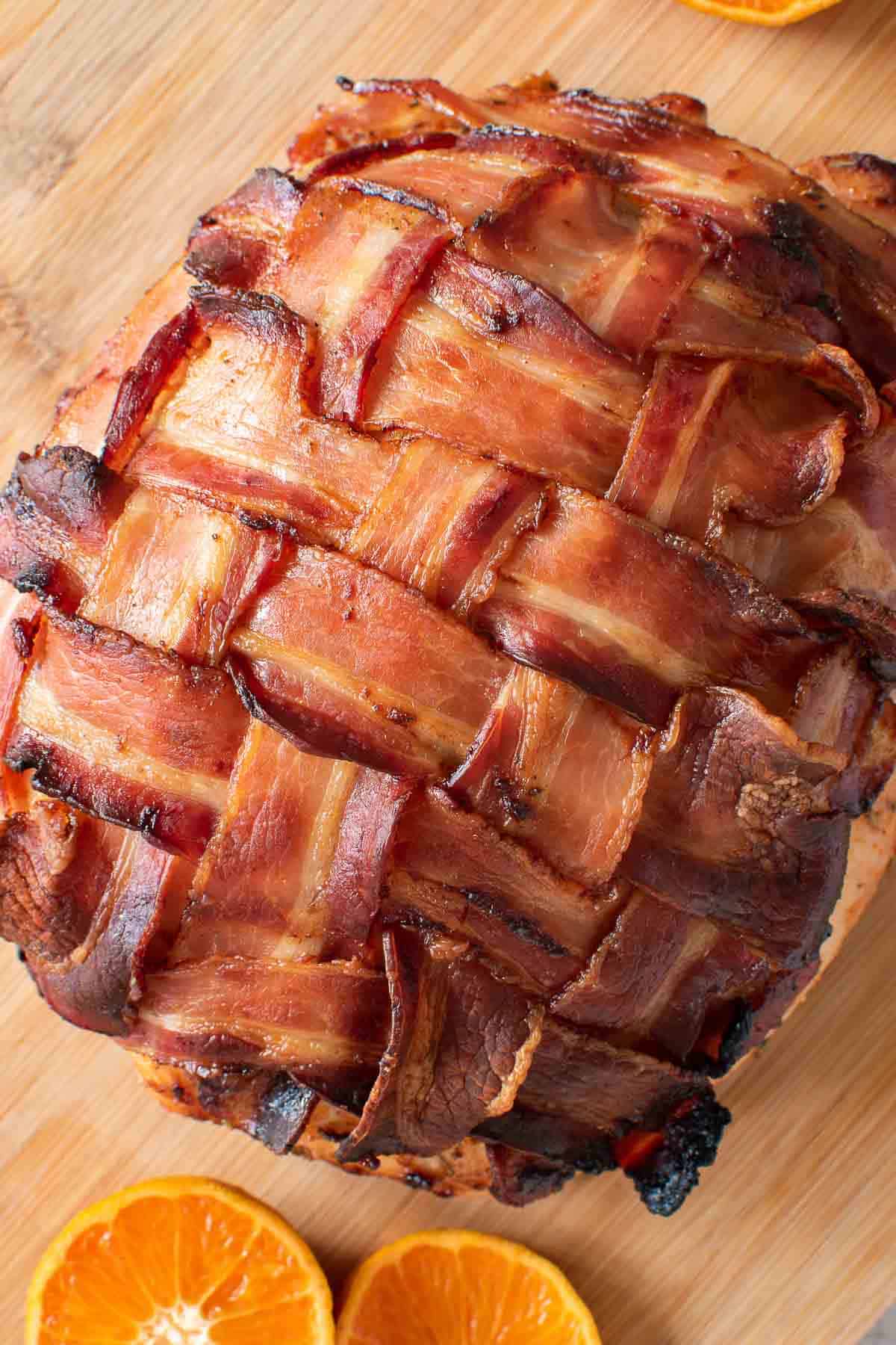 Roasted bacon wrapped turkey breast.