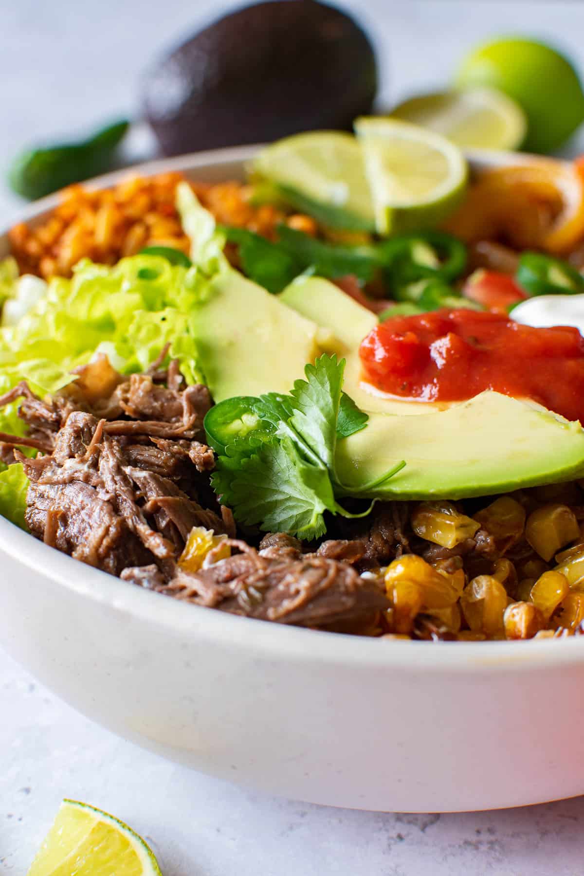 Close up of a dinner bowl with avocado, shredded beef, salsa, roasted corn and rice.