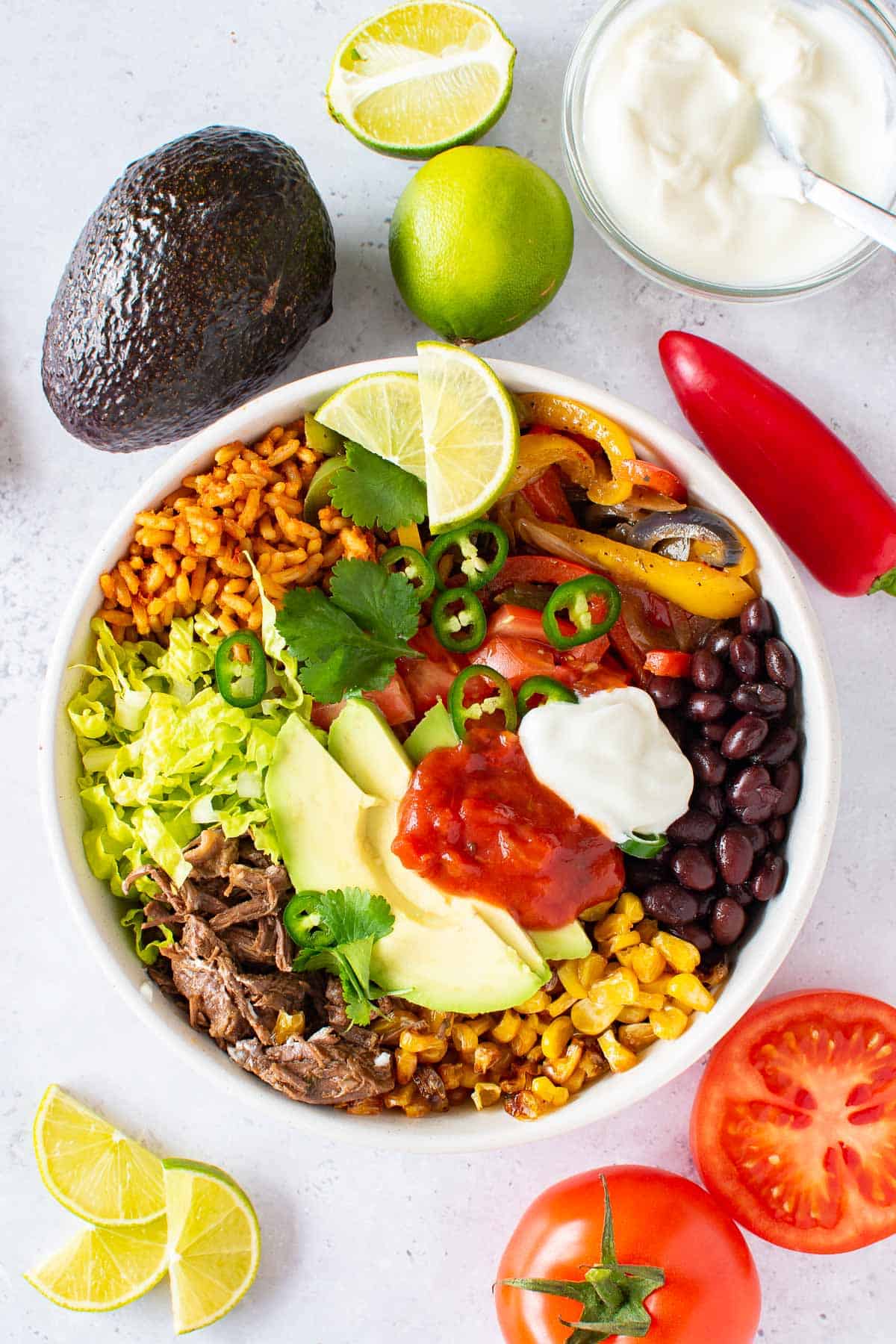 Shredded Mexican beef rice bowl.