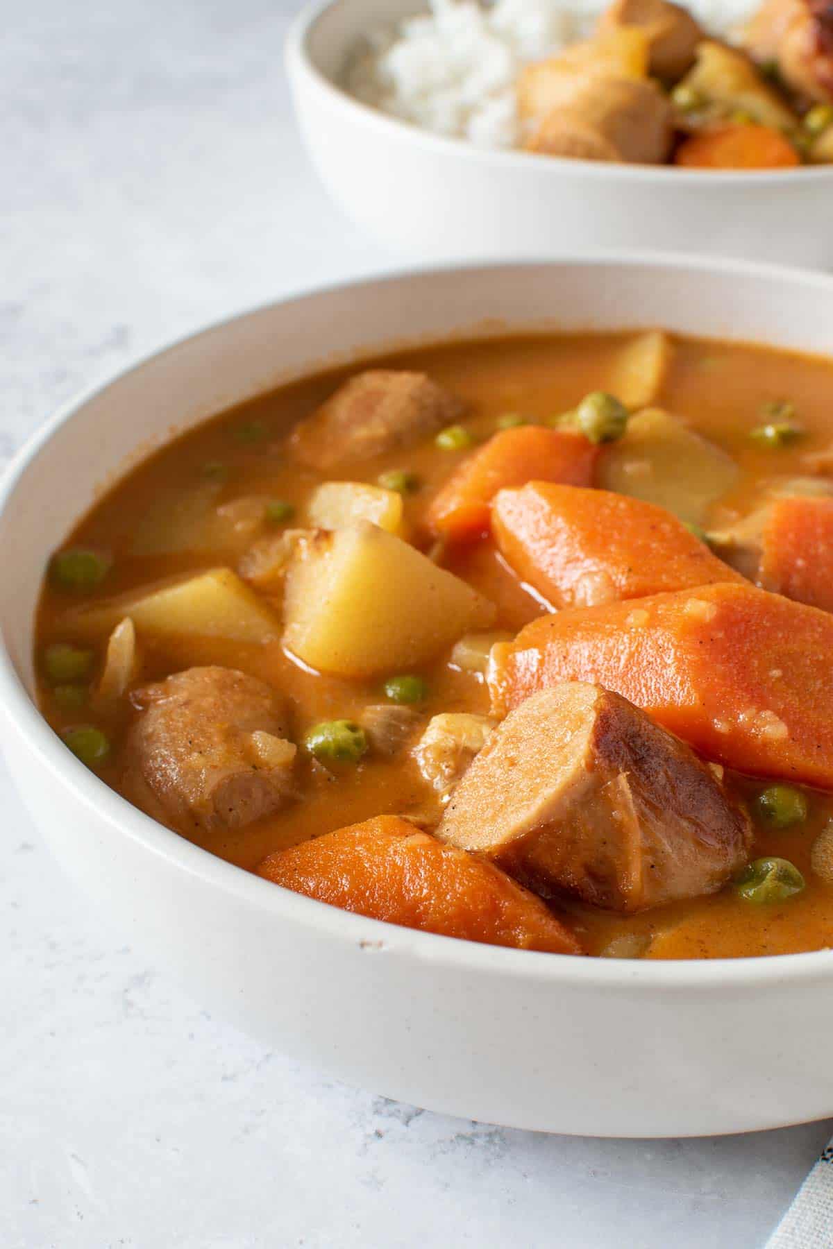 Close of up curried sausage stew.