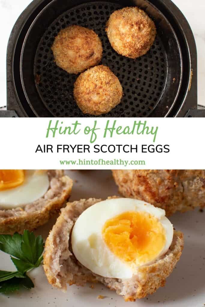 Scotch eggs in an air fryer and on a plate.