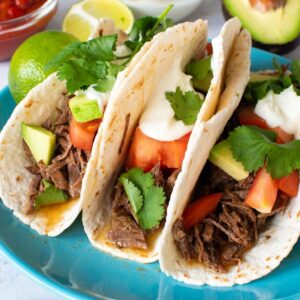 Close up of pulled beef tacos.