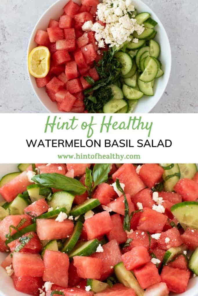 Bowl of salad with watermelon and cucumber.