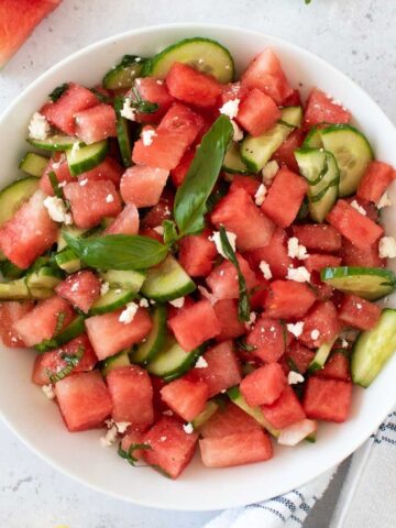 Watermelon Basil Salad in a bowl.