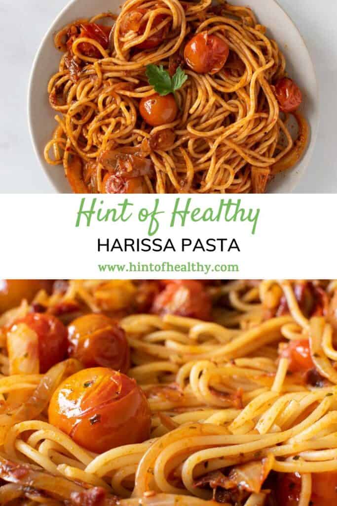 Two bowls of spicy pasta with harissa and tomatoes.