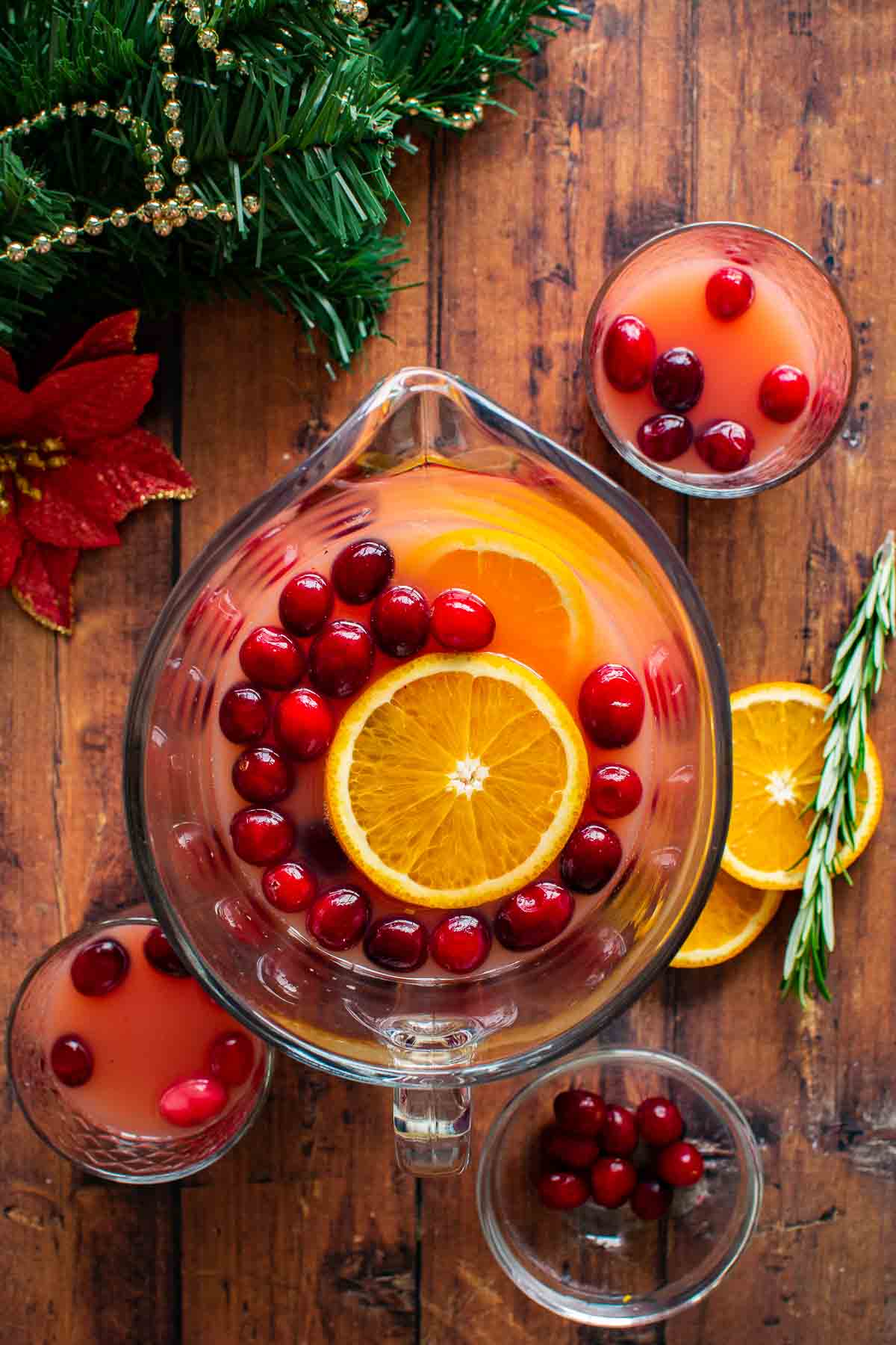 A pitcher of cranberry orange punch.