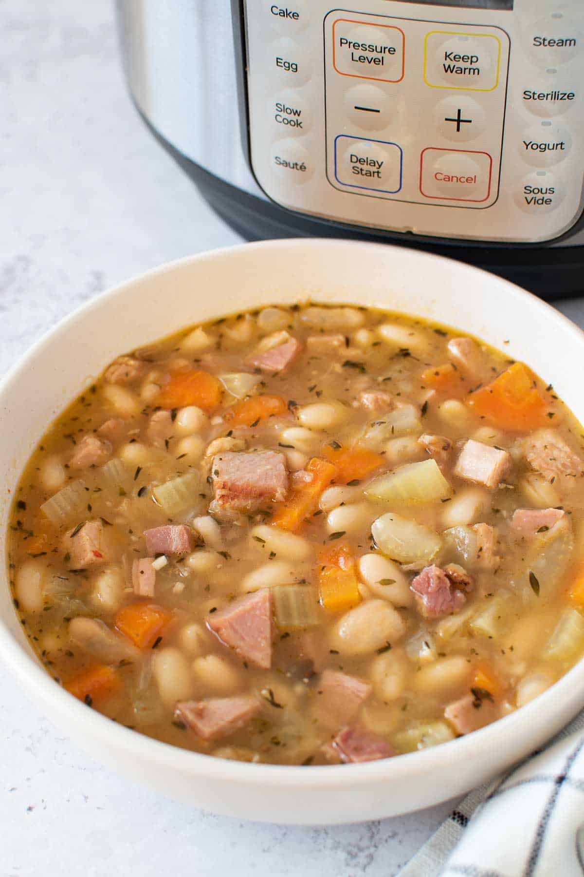 A bowl of ham and bean soup in front of a pressure cooker.