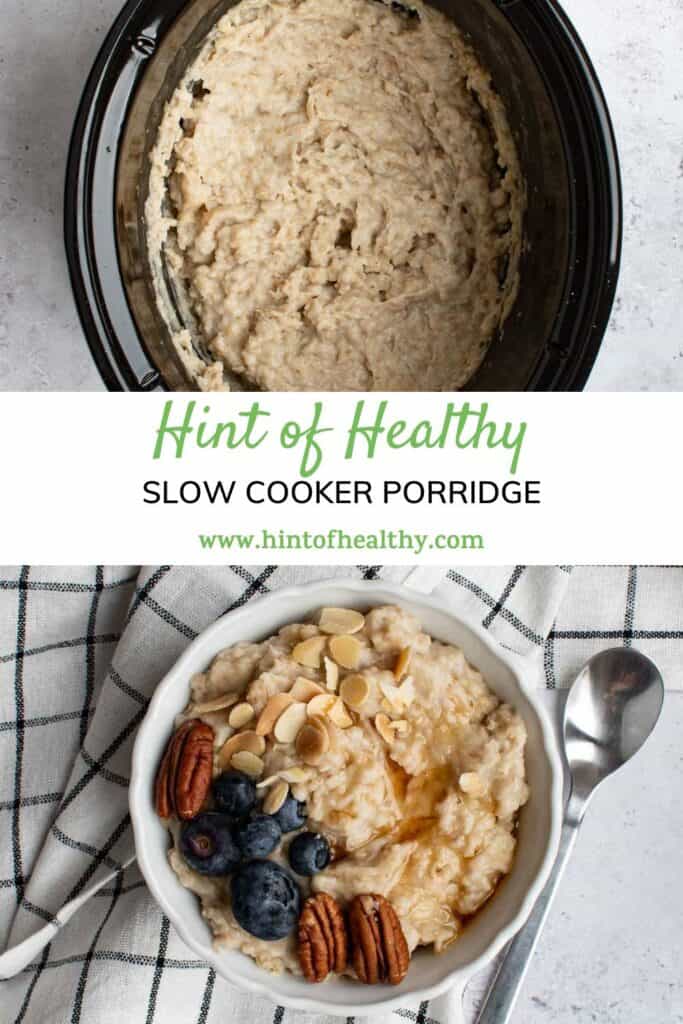 One photo of oatmeal in a slow cooker. Below is an image of the oatmeal in a bowl, with toppings.