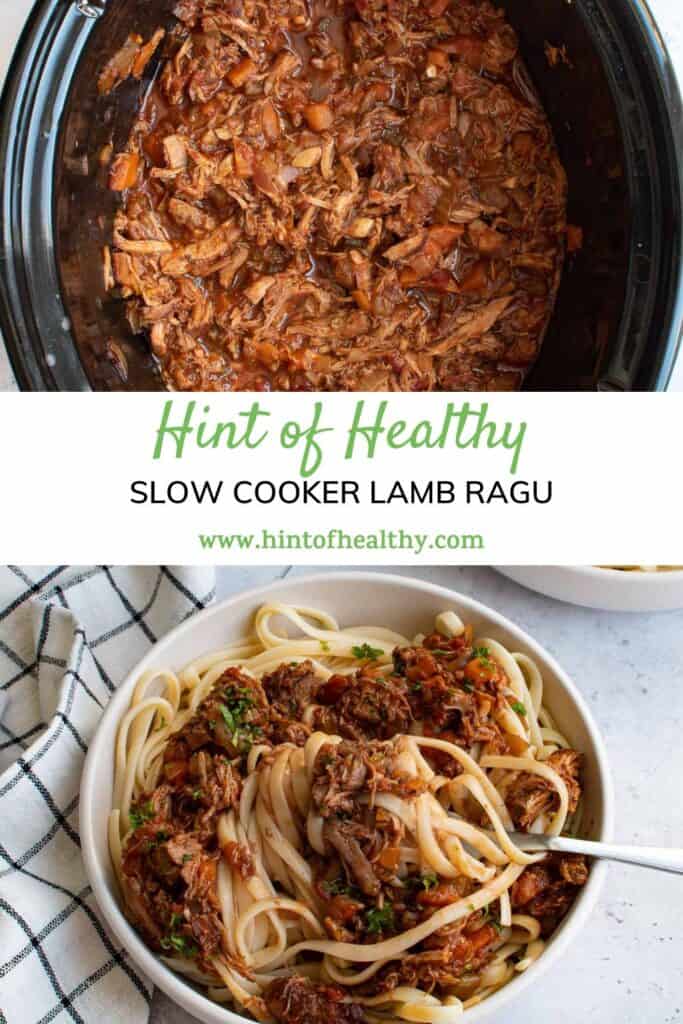 Slow Cooker Lamb Ragu on a table. The name of the dish is written above it.