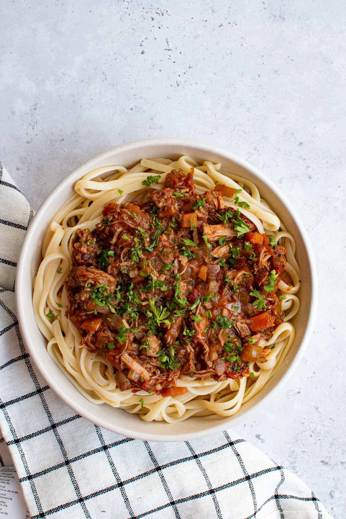 A bowl of pasta with pulled lamb sauce.